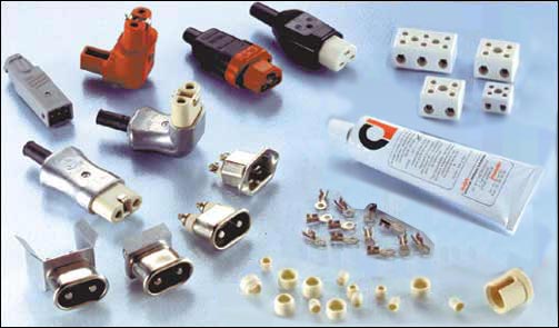 accessoires pour r�sistances chauffantes : fiches et prises, accessoires de cablage, pi�ces d�tach�es pour r�sistances, isolants, ventilateurs